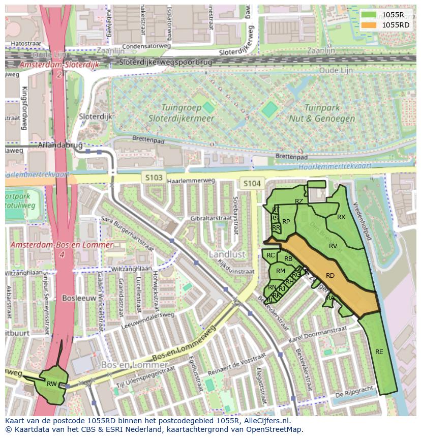 Afbeelding van het postcodegebied 1055 RD op de kaart.