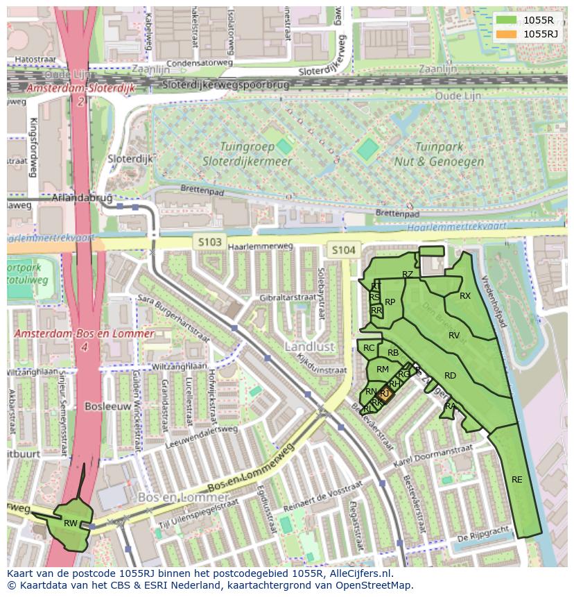 Afbeelding van het postcodegebied 1055 RJ op de kaart.