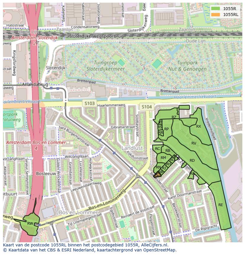 Afbeelding van het postcodegebied 1055 RL op de kaart.