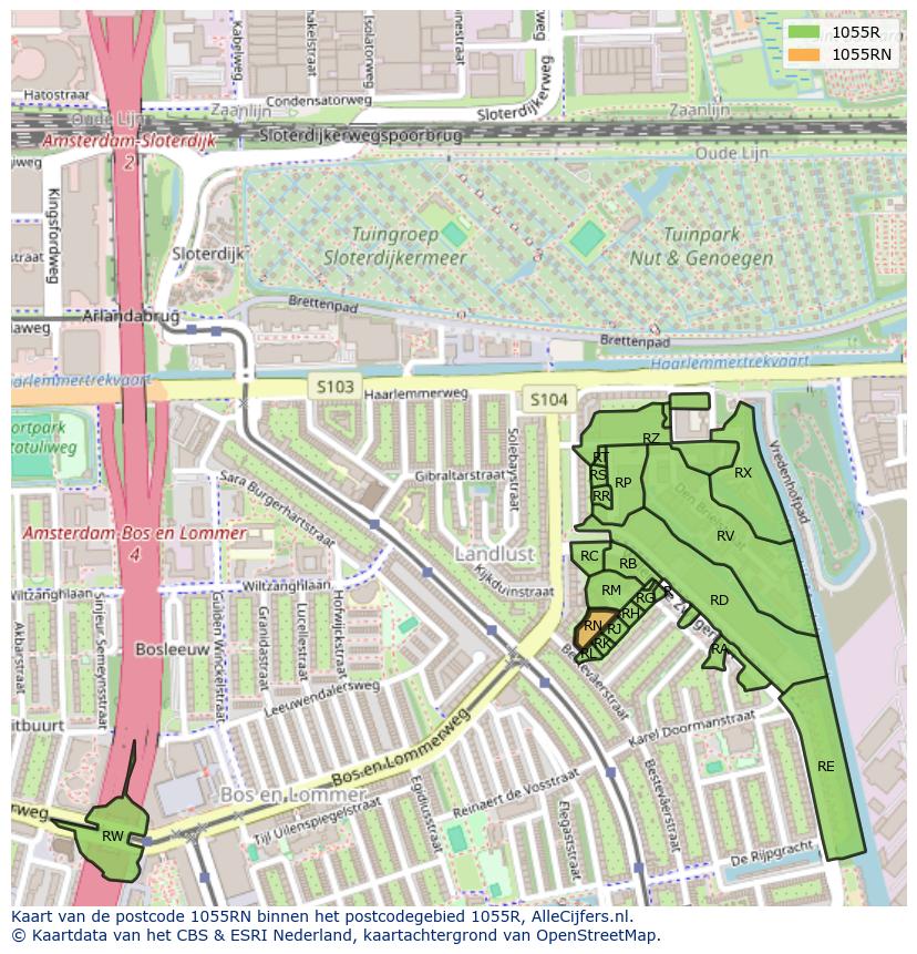 Afbeelding van het postcodegebied 1055 RN op de kaart.