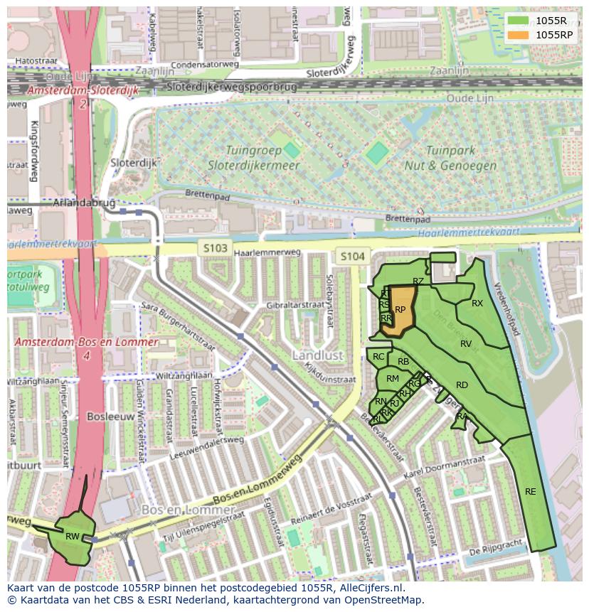 Afbeelding van het postcodegebied 1055 RP op de kaart.