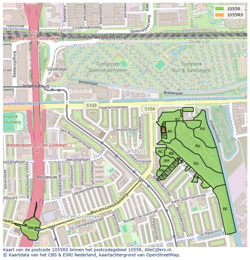 Afbeelding van het postcodegebied 1055 RS op de kaart.