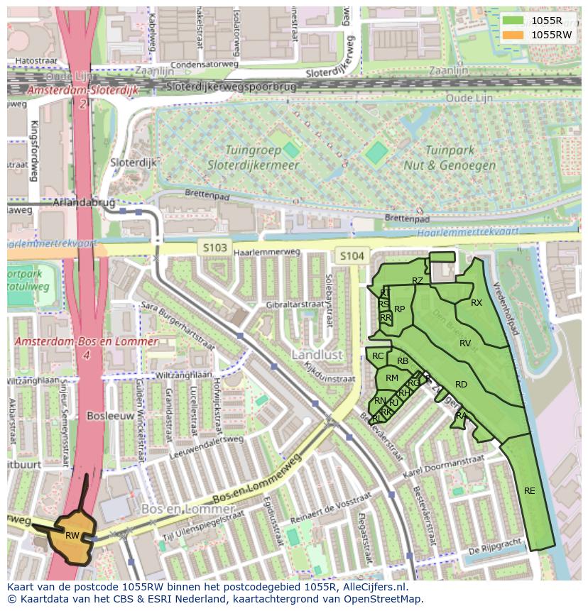 Afbeelding van het postcodegebied 1055 RW op de kaart.