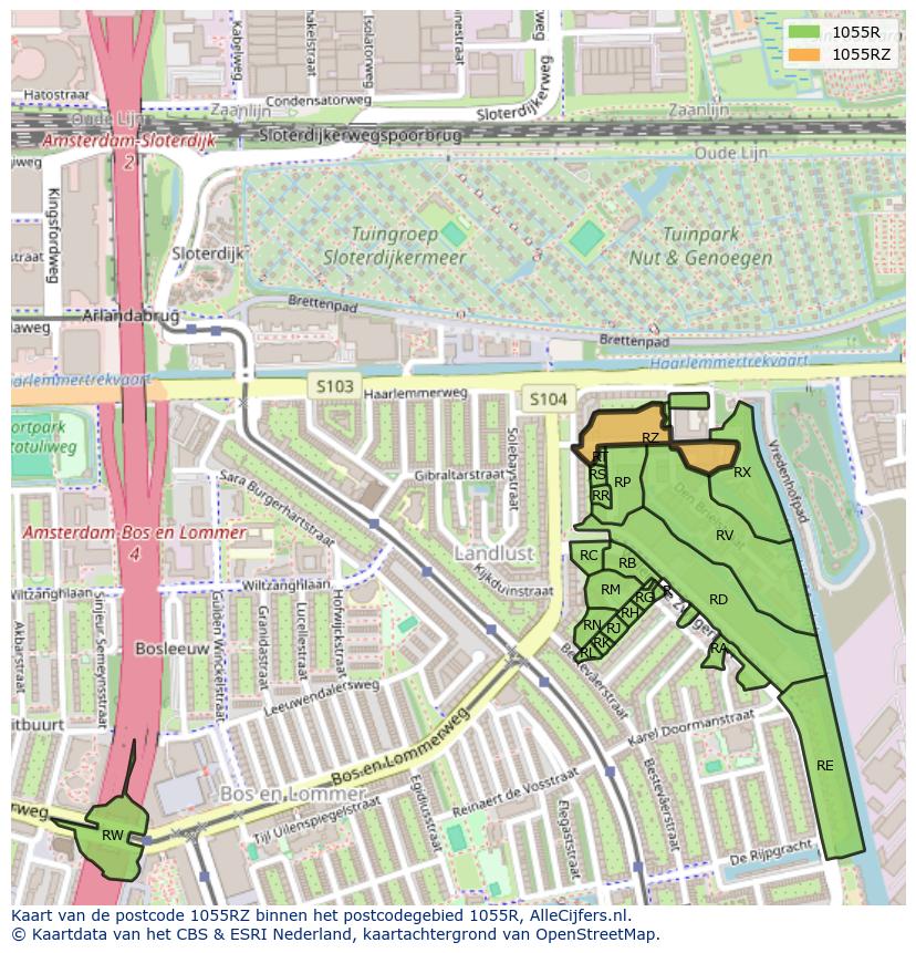 Afbeelding van het postcodegebied 1055 RZ op de kaart.