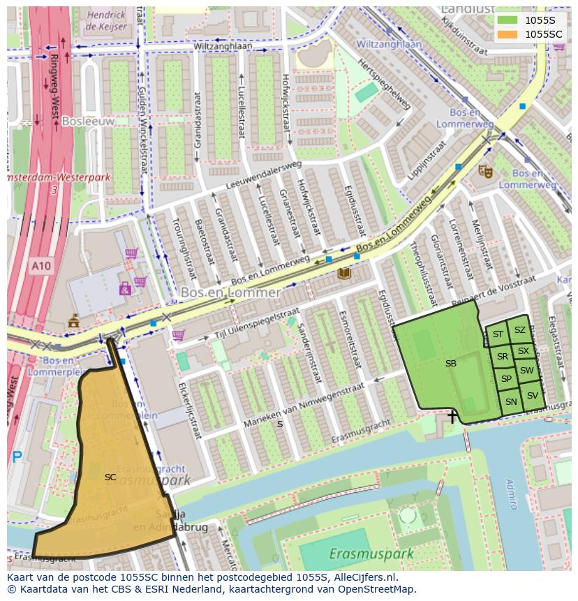 Afbeelding van het postcodegebied 1055 SC op de kaart.