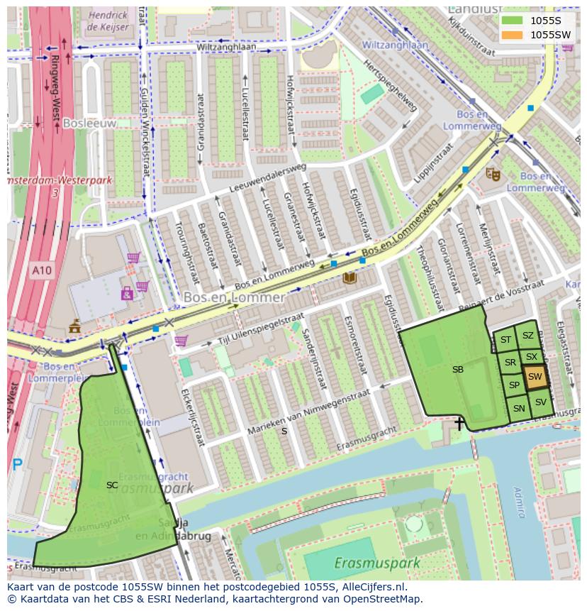 Afbeelding van het postcodegebied 1055 SW op de kaart.