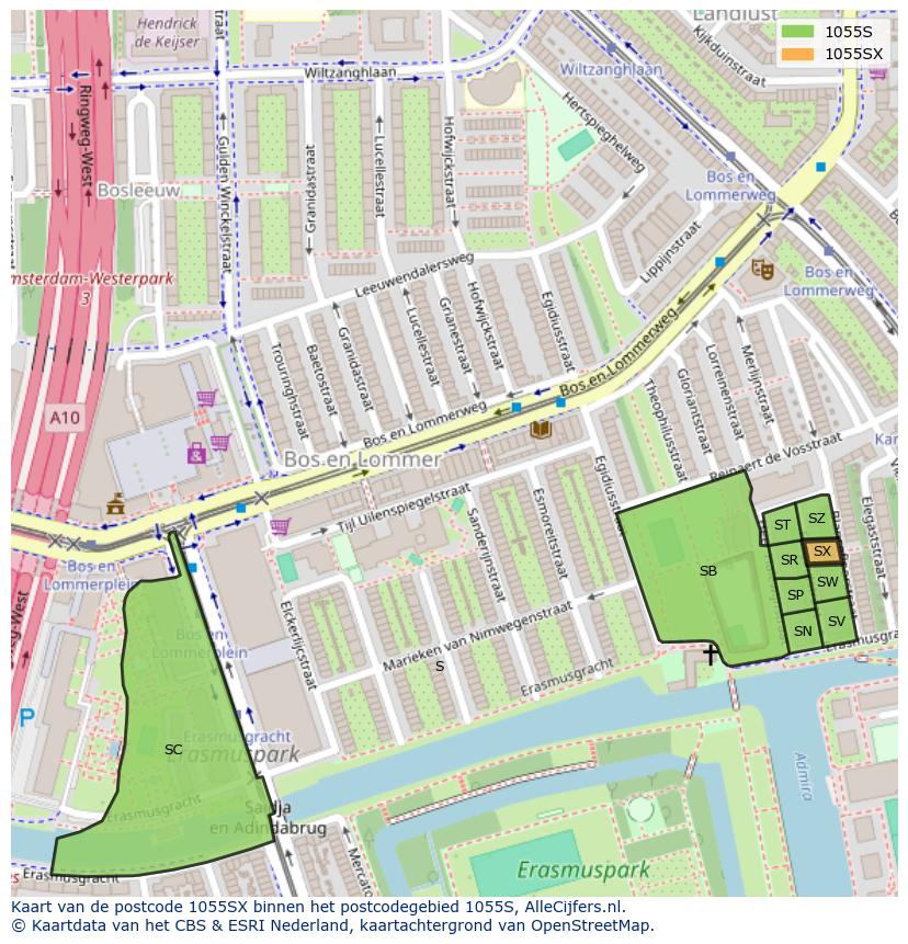 Afbeelding van het postcodegebied 1055 SX op de kaart.