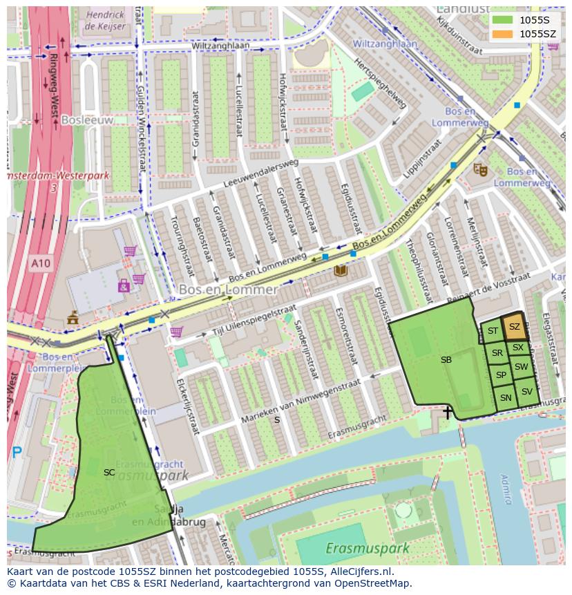 Afbeelding van het postcodegebied 1055 SZ op de kaart.