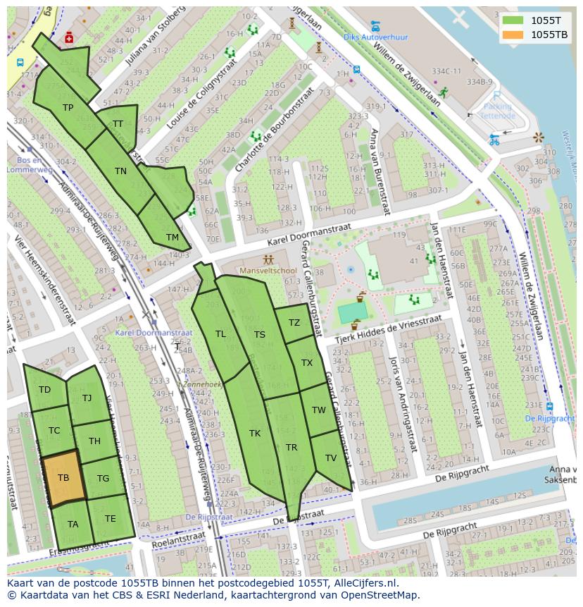 Afbeelding van het postcodegebied 1055 TB op de kaart.