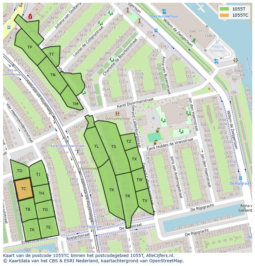 Afbeelding van het postcodegebied 1055 TC op de kaart.