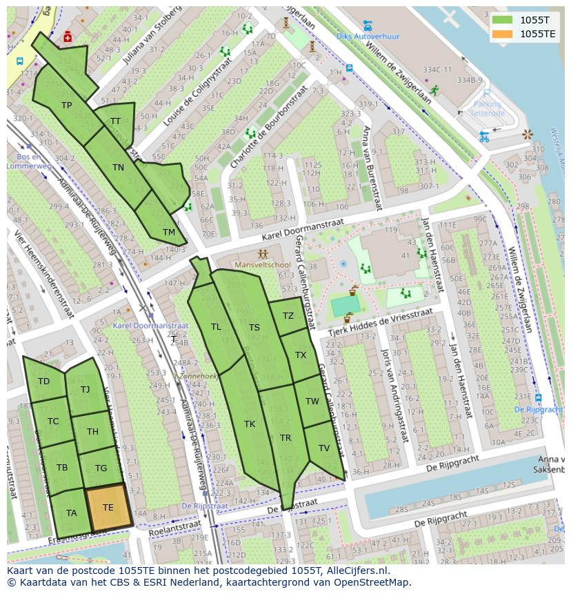 Afbeelding van het postcodegebied 1055 TE op de kaart.