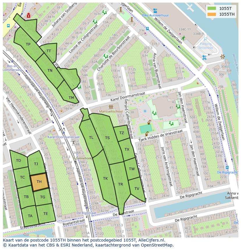 Afbeelding van het postcodegebied 1055 TH op de kaart.
