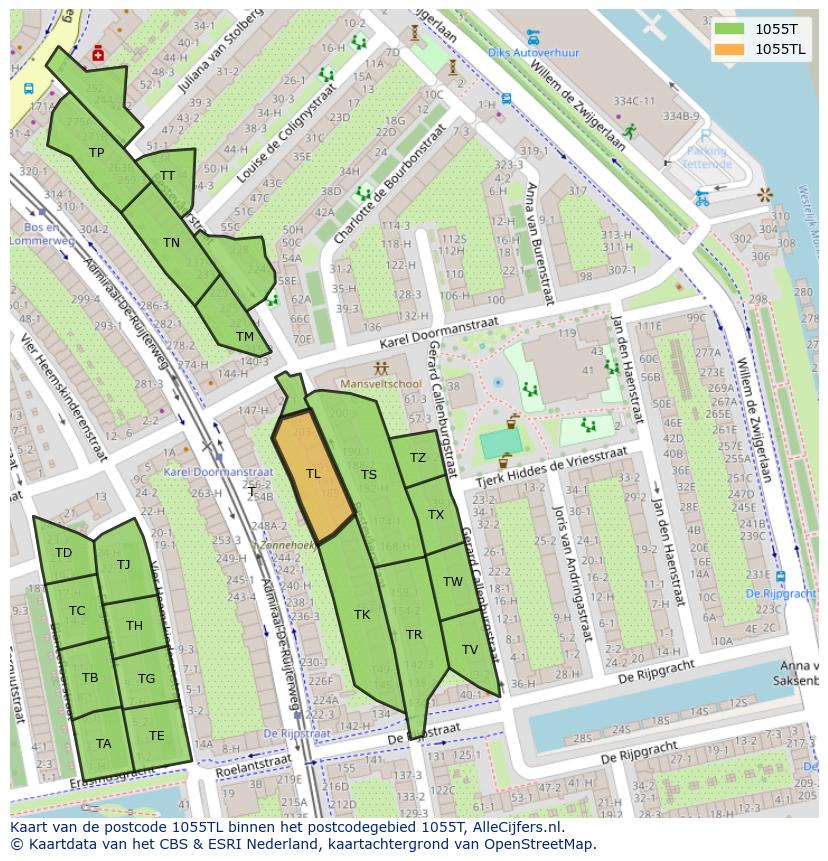 Afbeelding van het postcodegebied 1055 TL op de kaart.