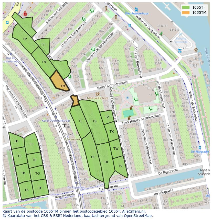 Afbeelding van het postcodegebied 1055 TM op de kaart.