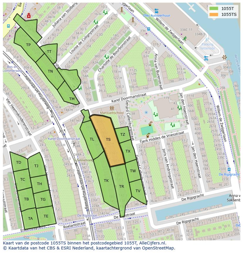 Afbeelding van het postcodegebied 1055 TS op de kaart.