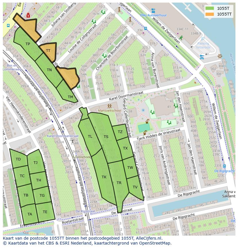 Afbeelding van het postcodegebied 1055 TT op de kaart.