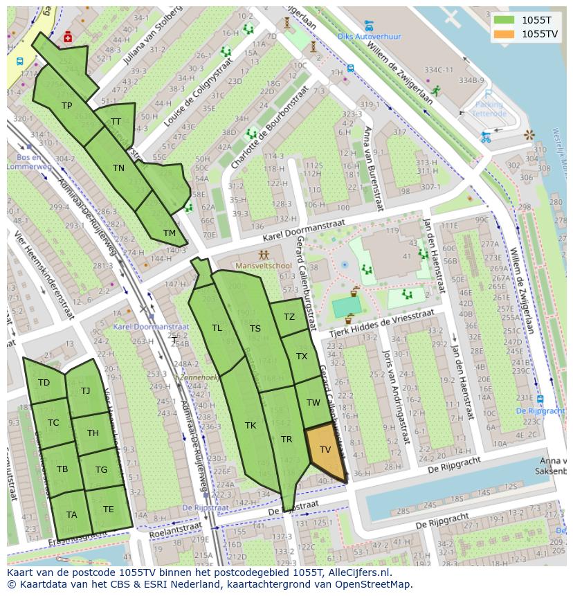 Afbeelding van het postcodegebied 1055 TV op de kaart.