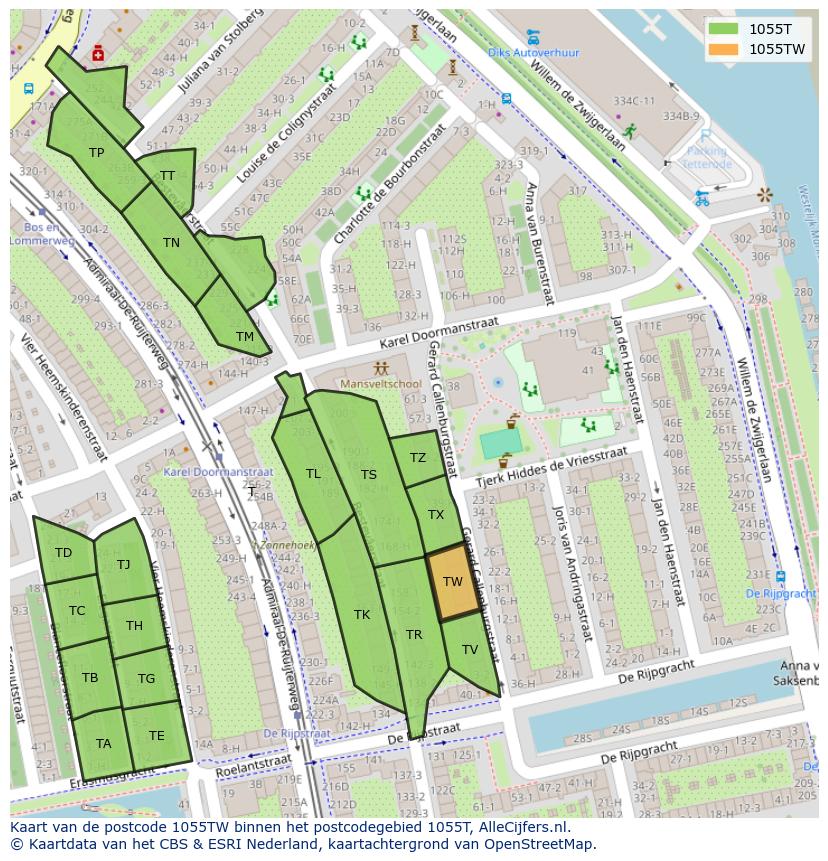 Afbeelding van het postcodegebied 1055 TW op de kaart.