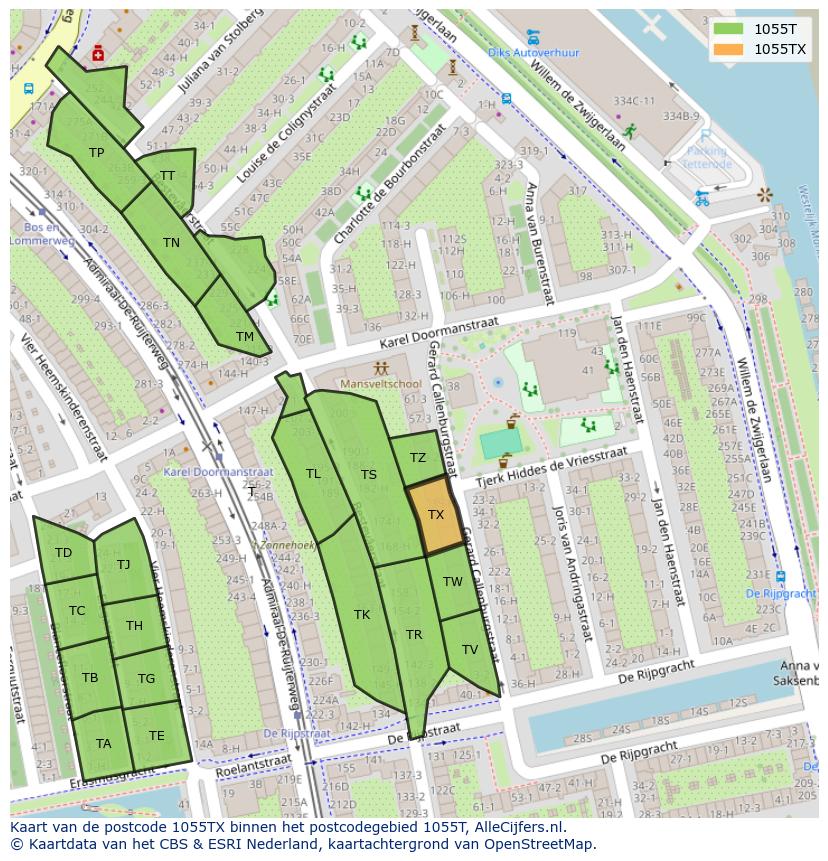 Afbeelding van het postcodegebied 1055 TX op de kaart.