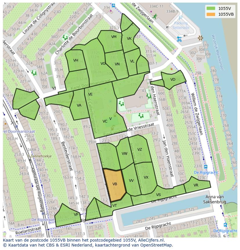 Afbeelding van het postcodegebied 1055 VB op de kaart.