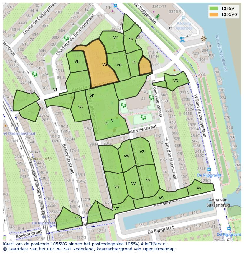 Afbeelding van het postcodegebied 1055 VG op de kaart.