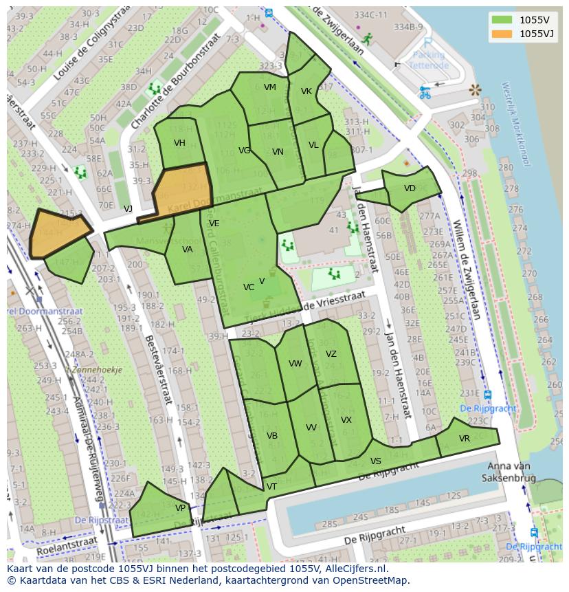 Afbeelding van het postcodegebied 1055 VJ op de kaart.
