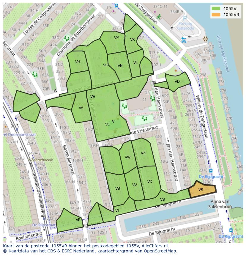 Afbeelding van het postcodegebied 1055 VR op de kaart.