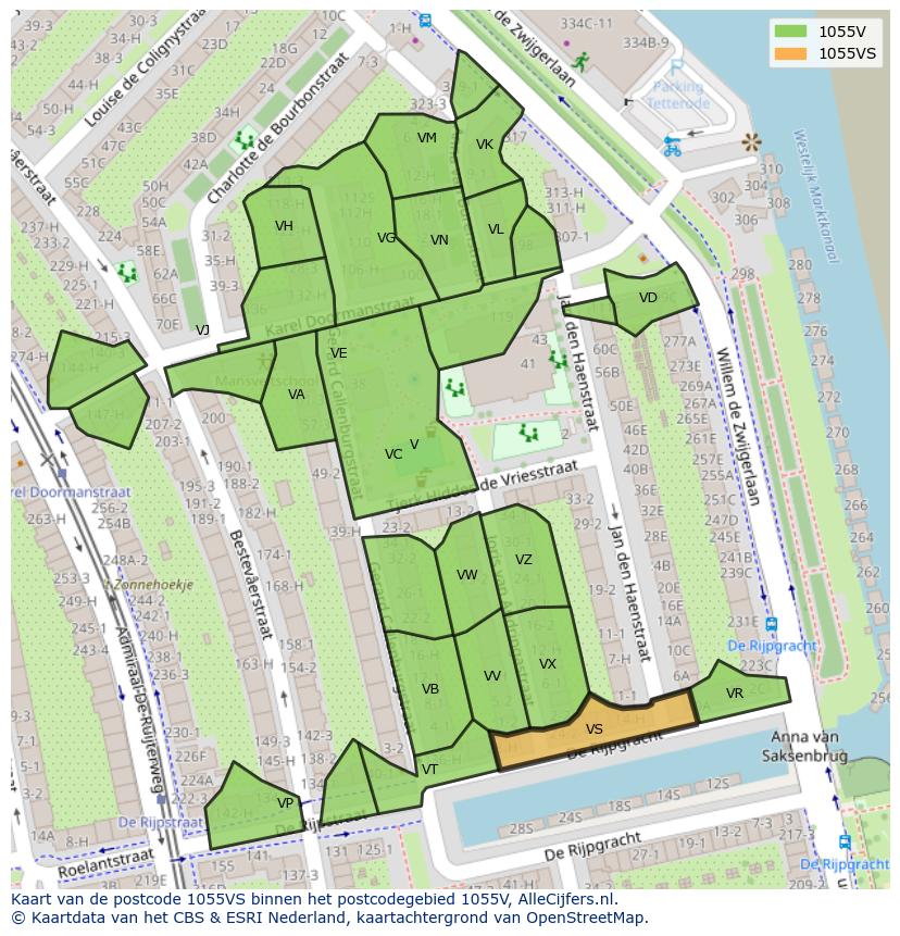 Afbeelding van het postcodegebied 1055 VS op de kaart.