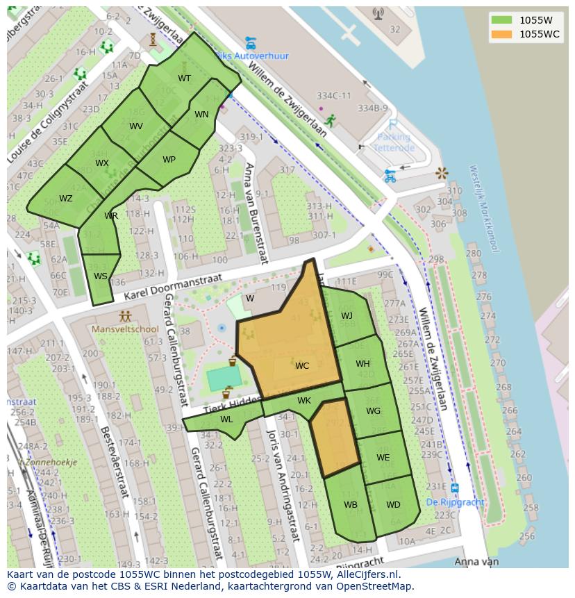 Afbeelding van het postcodegebied 1055 WC op de kaart.