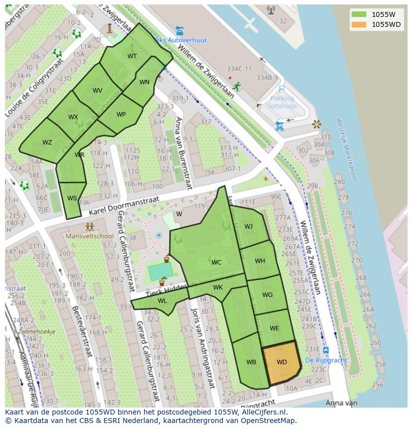 Afbeelding van het postcodegebied 1055 WD op de kaart.