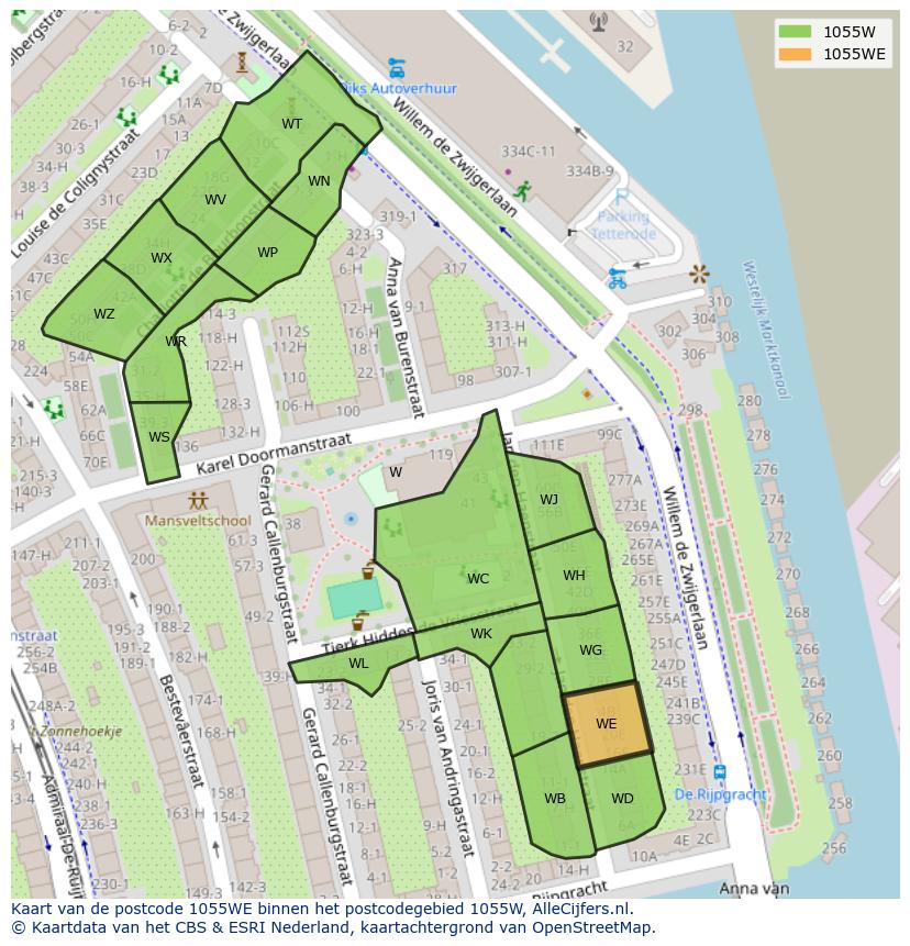 Afbeelding van het postcodegebied 1055 WE op de kaart.