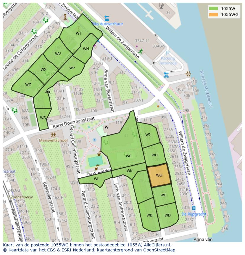 Afbeelding van het postcodegebied 1055 WG op de kaart.