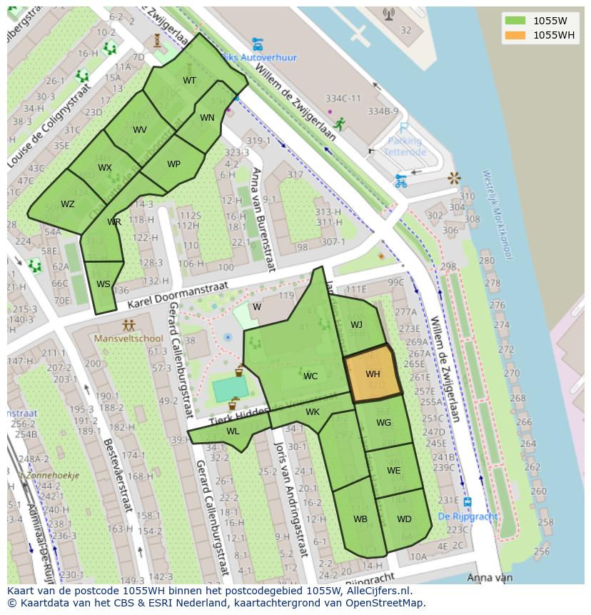 Afbeelding van het postcodegebied 1055 WH op de kaart.