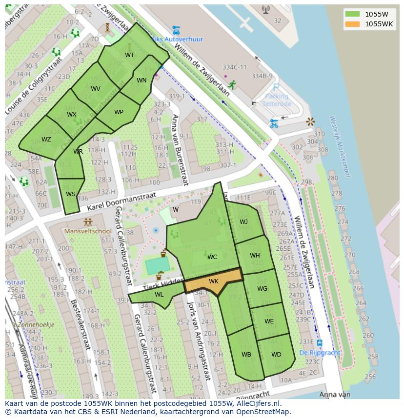 Afbeelding van het postcodegebied 1055 WK op de kaart.
