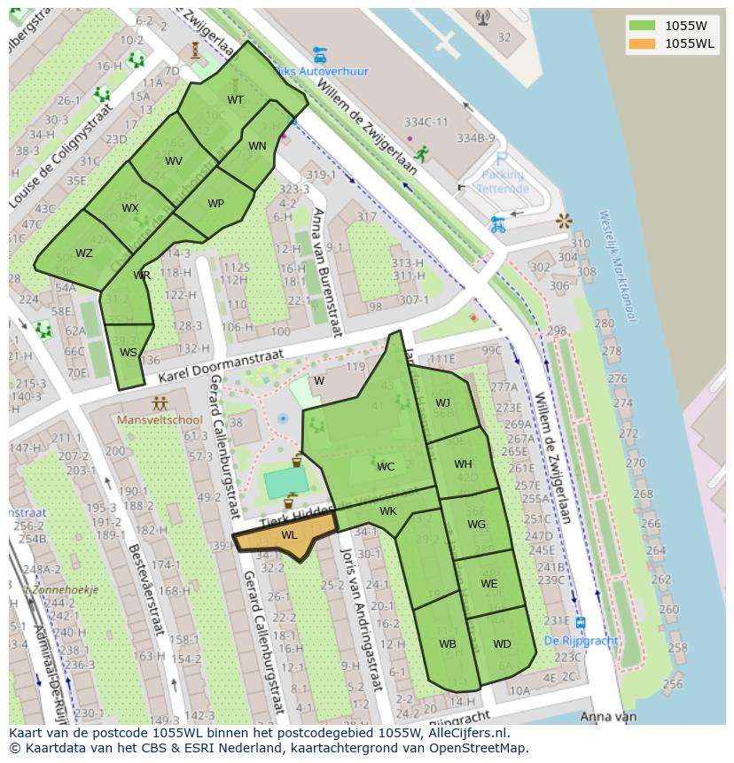 Afbeelding van het postcodegebied 1055 WL op de kaart.