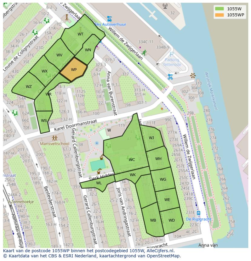 Afbeelding van het postcodegebied 1055 WP op de kaart.