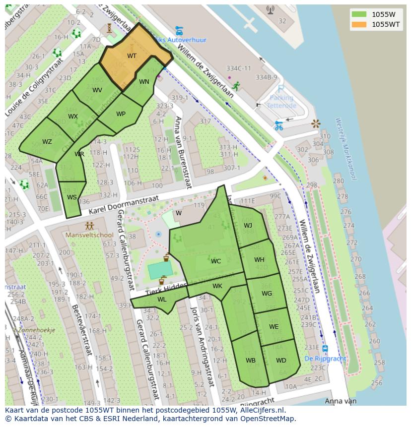 Afbeelding van het postcodegebied 1055 WT op de kaart.