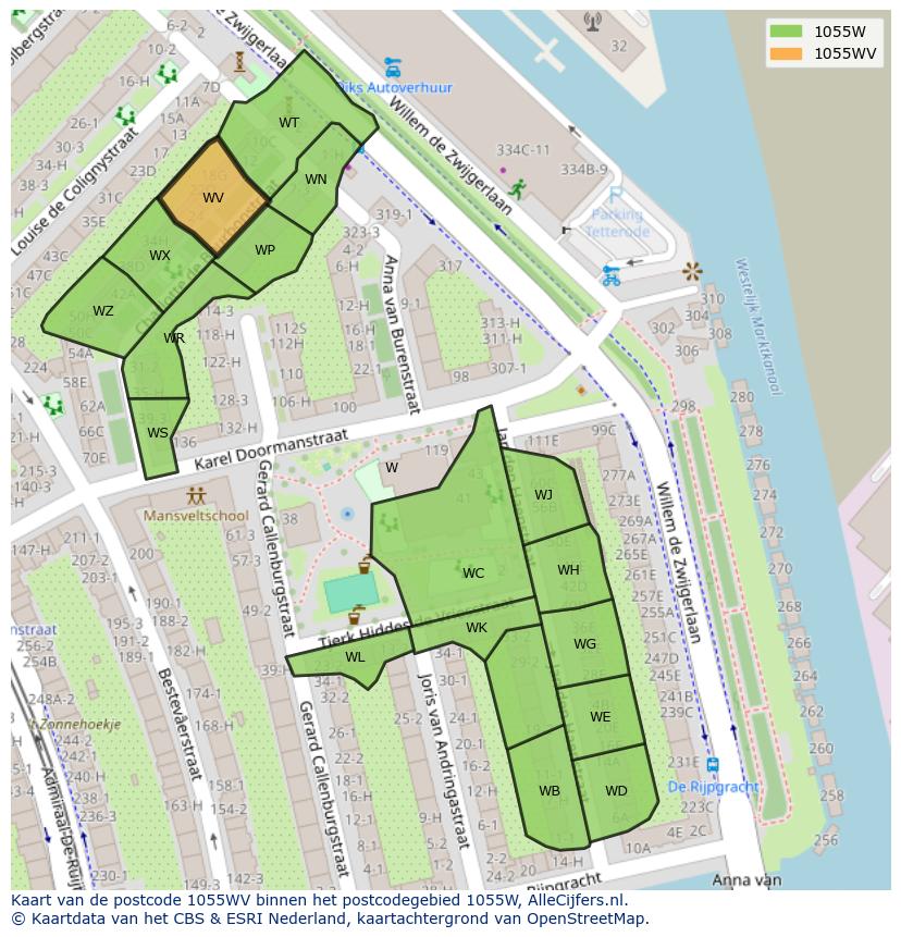Afbeelding van het postcodegebied 1055 WV op de kaart.