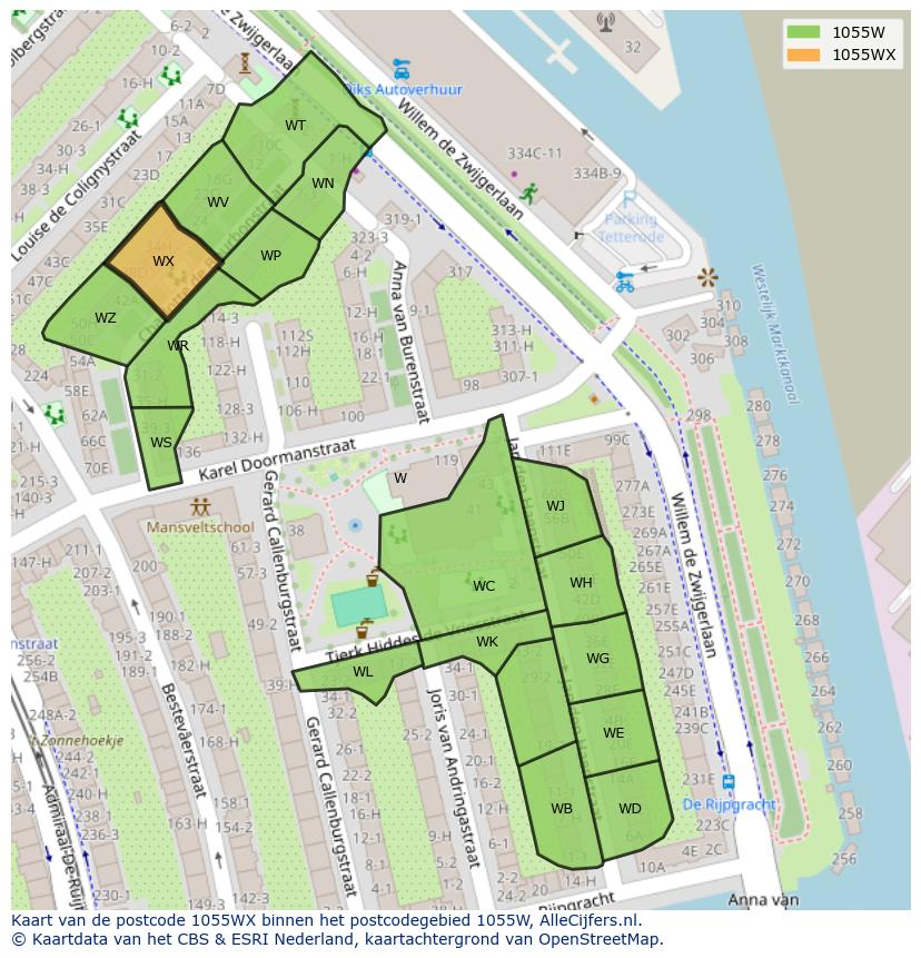 Afbeelding van het postcodegebied 1055 WX op de kaart.
