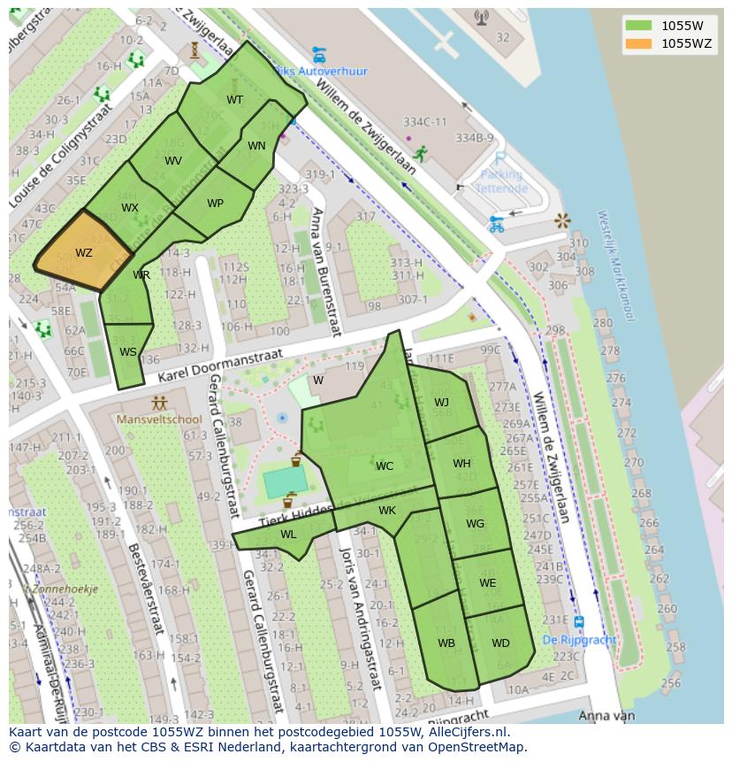 Afbeelding van het postcodegebied 1055 WZ op de kaart.