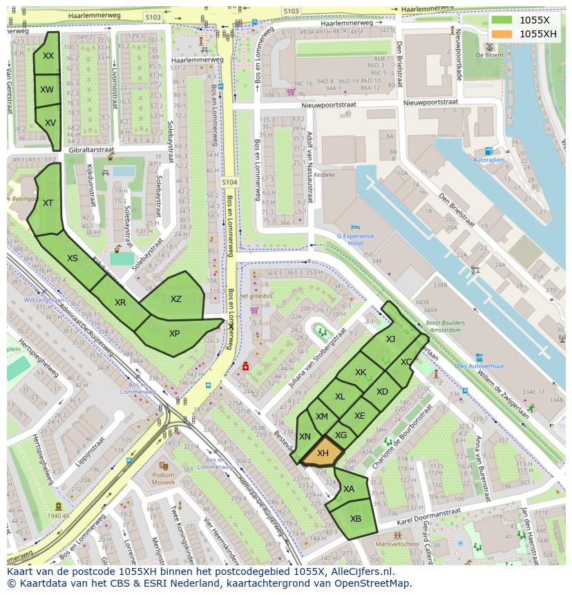 Afbeelding van het postcodegebied 1055 XH op de kaart.