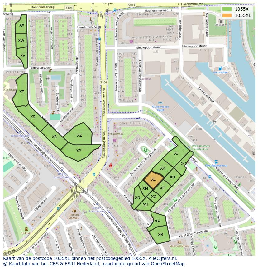 Afbeelding van het postcodegebied 1055 XL op de kaart.