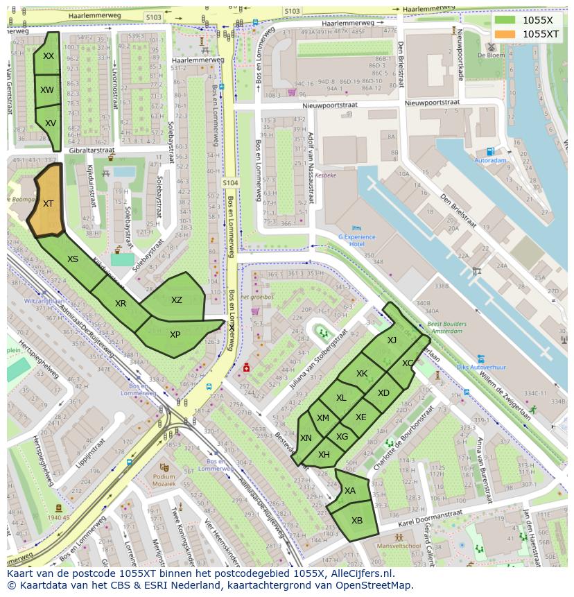 Afbeelding van het postcodegebied 1055 XT op de kaart.