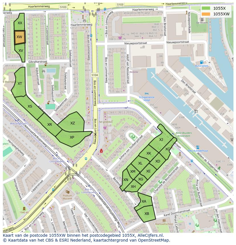 Afbeelding van het postcodegebied 1055 XW op de kaart.