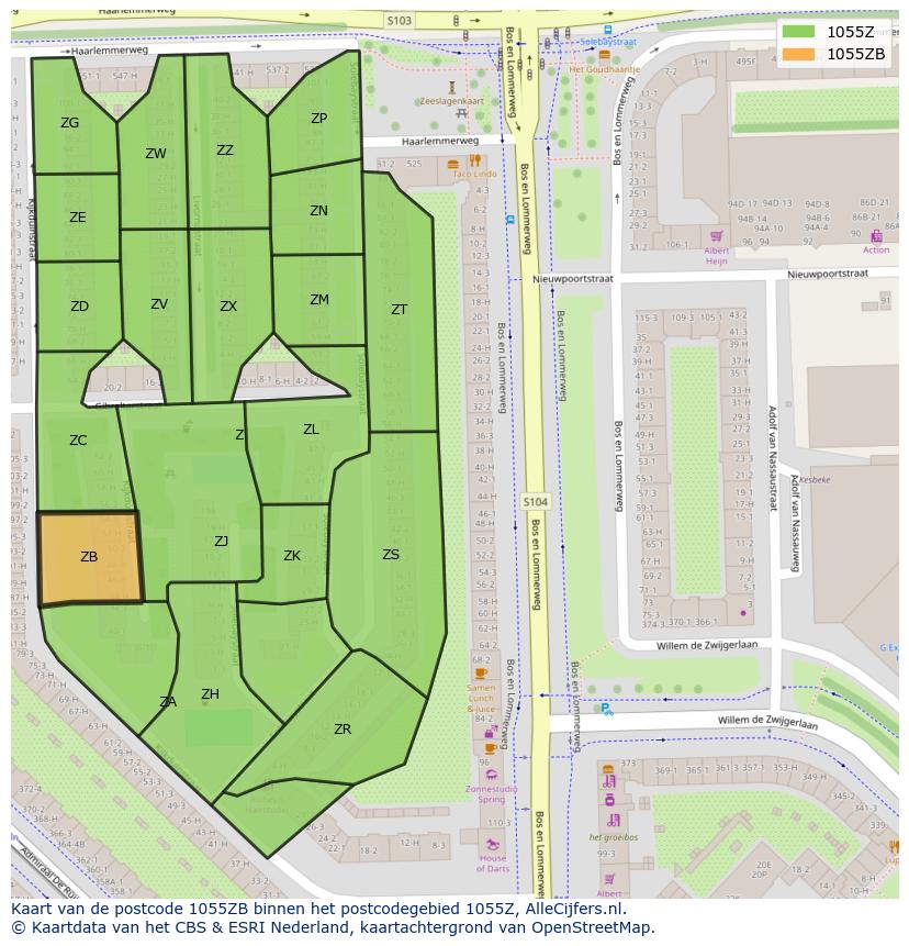Afbeelding van het postcodegebied 1055 ZB op de kaart.