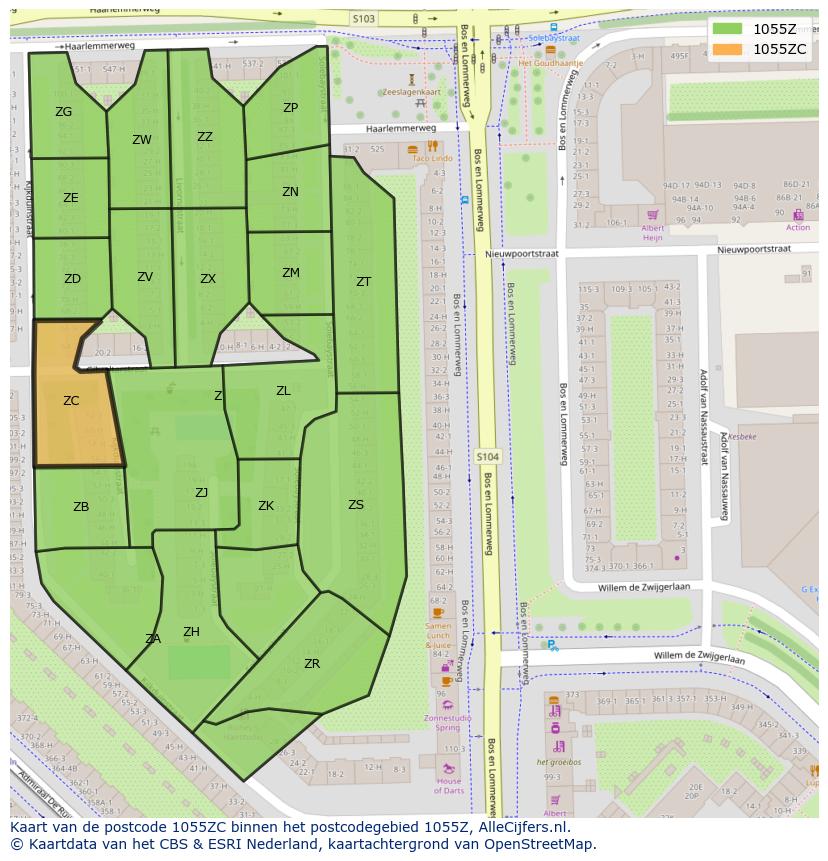 Afbeelding van het postcodegebied 1055 ZC op de kaart.