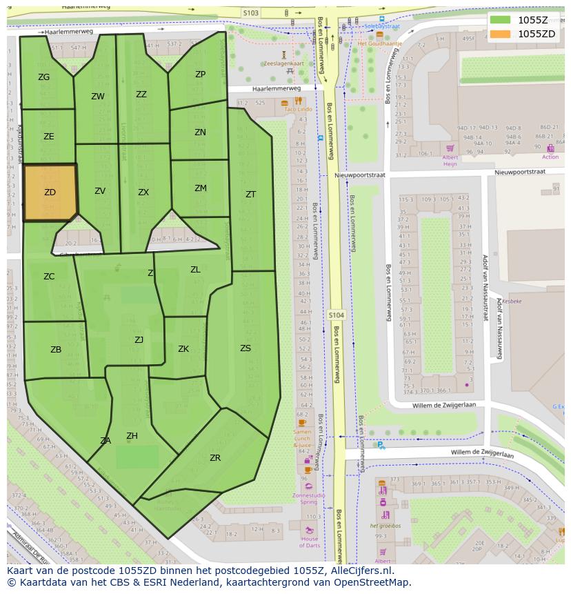 Afbeelding van het postcodegebied 1055 ZD op de kaart.