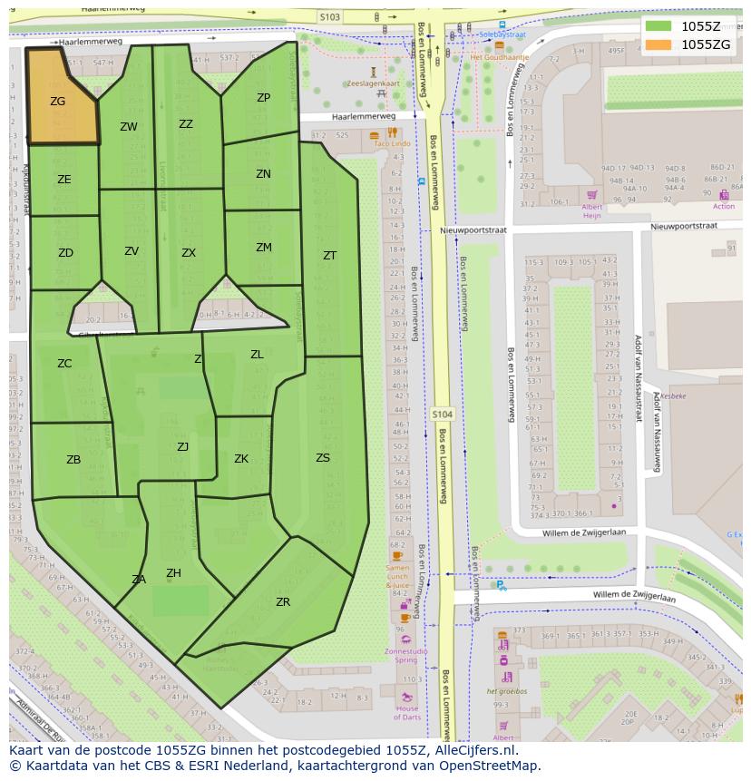 Afbeelding van het postcodegebied 1055 ZG op de kaart.