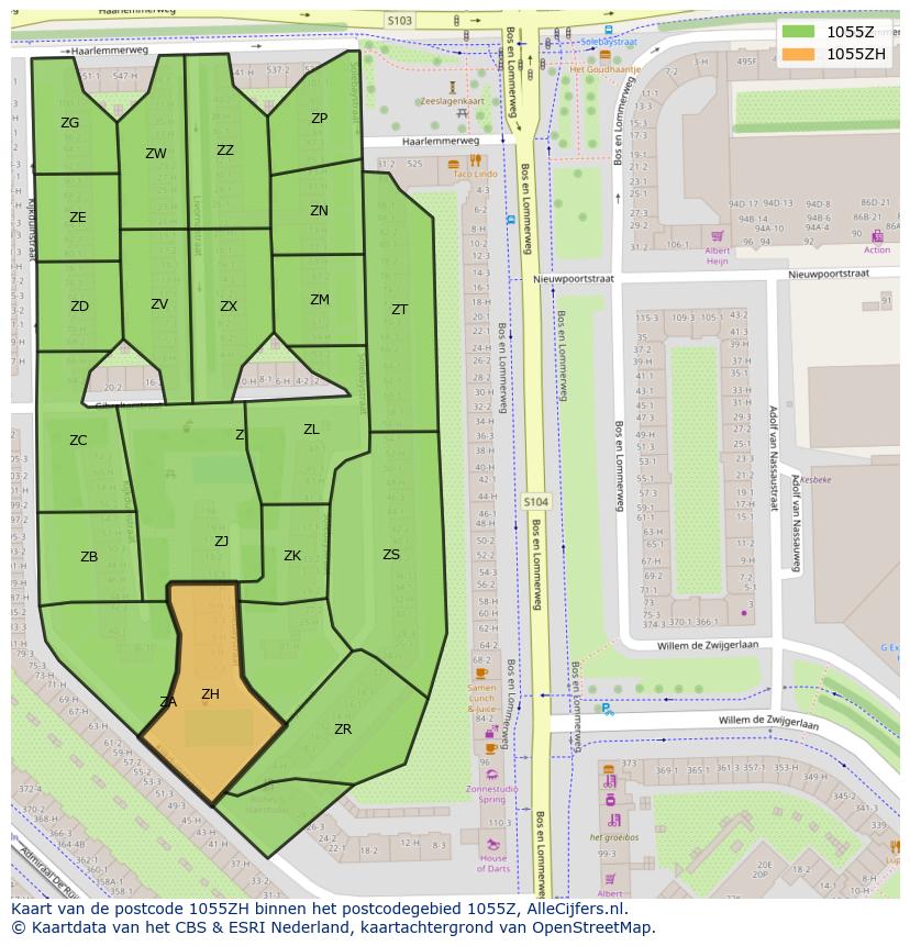 Afbeelding van het postcodegebied 1055 ZH op de kaart.