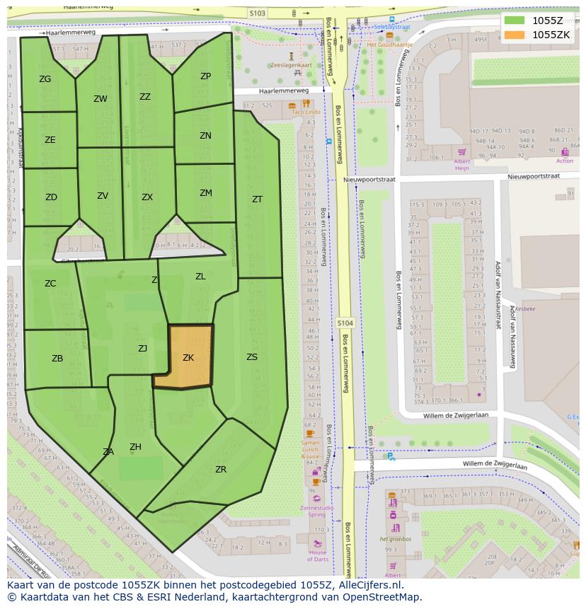 Afbeelding van het postcodegebied 1055 ZK op de kaart.